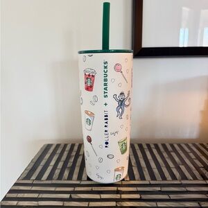 NEW Never Used Starbucks Tumbler with Green Straw and Playful Graphics
